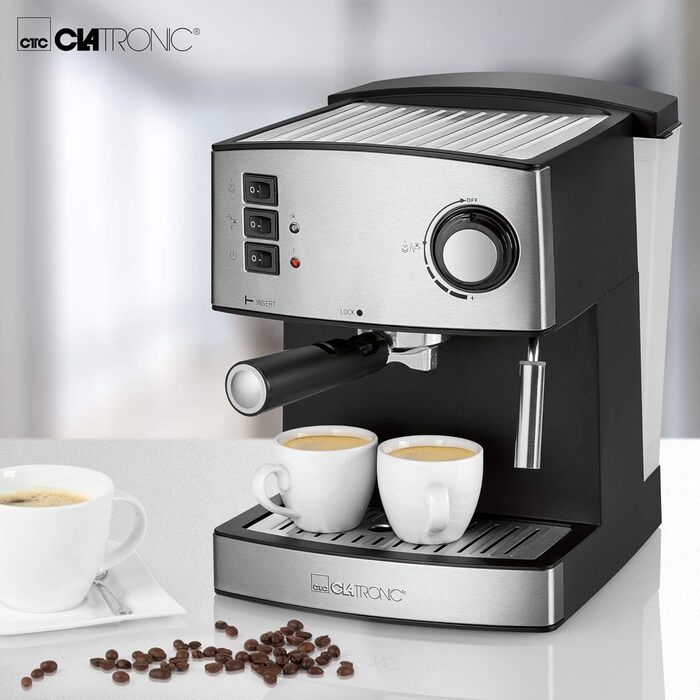 Еспресо-кавоварка Clatronic ES 3643, 15 бар, 1,6 л, 850 Вт, з нержавіючої сталі, парова насадка, знімний резервуар