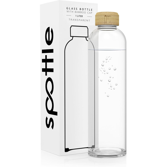 Скляна пляшка для води Spottle 1 л – міцна, прозора, з бамбуковою кришкою, для газованої та негазованої води, підходить для посудомийної машини, герметична