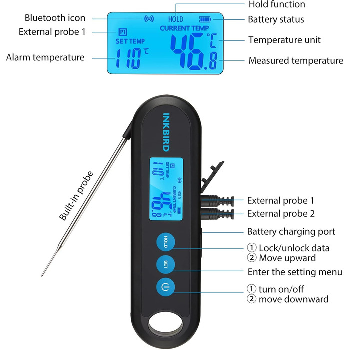 Бездротовий термометр для м'яса Inkbird IHT-2PB, Bluetooth, 2 зовнішні зондy, USB зарядка, магнітний, для гриля, кухні та випічки