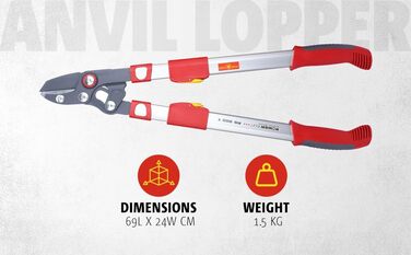 Секатор для гілок WOLF Garten Amboss Premium Plus POWER CUT, червоний/сірий, довжина 650-900 мм