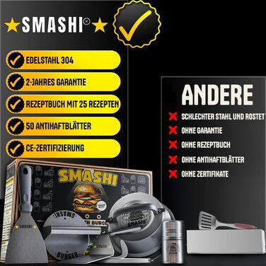 Професійний набір для smash-бургерів SMASHI з нержавіючої сталі 304: прес, 2 лопатки, ковпак, шейкер для спецій, антипригарний папір, EU-сертифікат, 25 рецептів