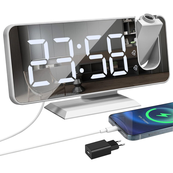 Exmate проекційний цифровий будильник з USB, дзеркальний LED-екран 7,5'', подвійний будильник, регульована яскравість, функція відкладення, білий з адаптером