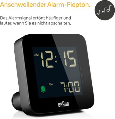 Цифровий будильник Braun BC09B з функцією сну, негативним LCD-дисплеєм, швидким налаштуванням і наростаючим сигналом, чорний