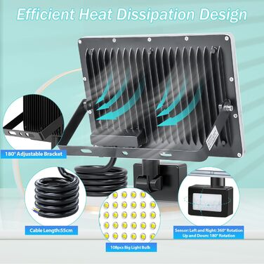 LED прожектор з датчиком руху для вулиці 100 Вт, 10000 Лм, 6500K, IP67, набір 2 шт, водонепроникний світильник для складу, саду, гаража