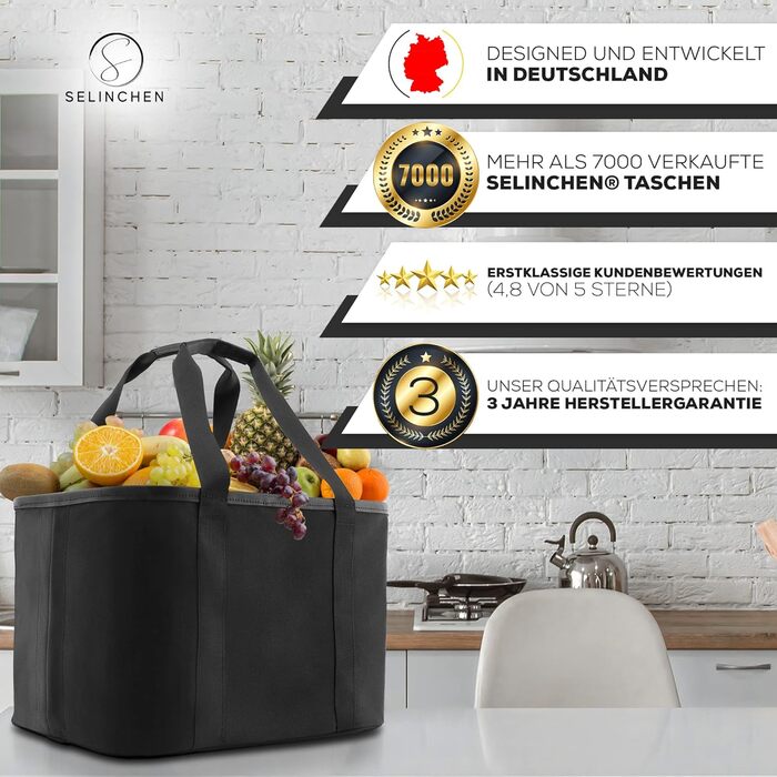 Selinchen® Преміум кошик для покупок 30 л, складна сумка з PU-шкіряною ручкою, чорний, стильна для пікніка та шопінгу