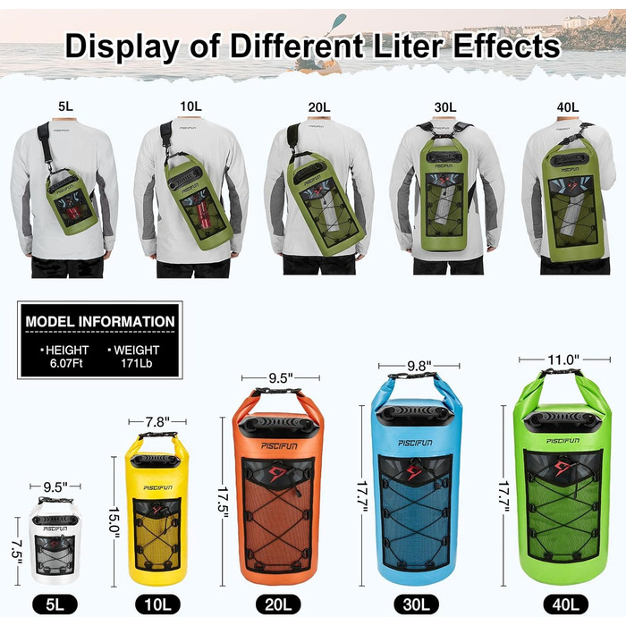 Водонепроникний рюкзак-мішок Piscifun Dry Bag 5–40 л з чохлом для телефону для човнів, каякінгу, риболовлі