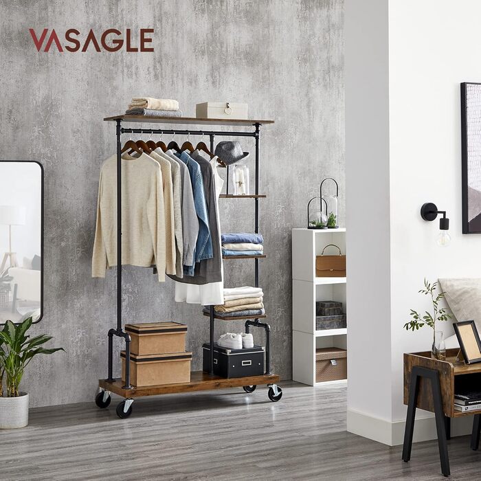 VASAGLE стійка для одягу на колесах, гардеробна з 5 полицями, 40x103,5x174,5 см, індустріальний дизайн, сталевий каркас, вінтажний коричнево-чорний