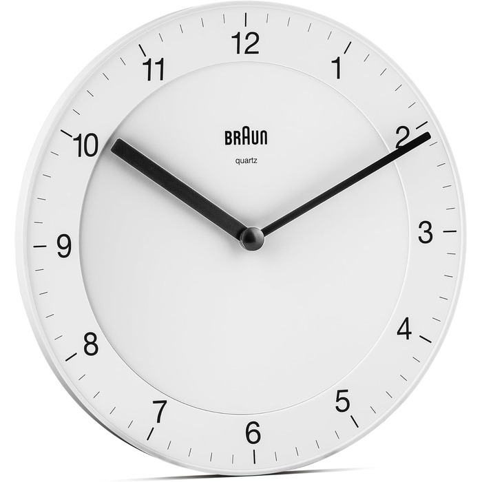 Настінний годинник Braun BC06W, класичний, аналоговий, кварцовий механізм, тихий хід, білий циферблат, 20 см