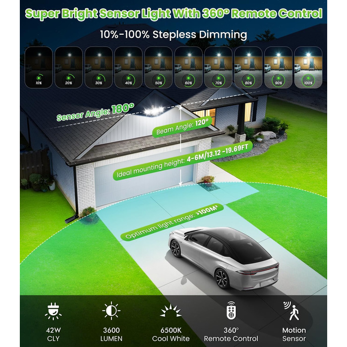 CLY LED прожектор 42 Вт з датчиком руху та пультом, 3600 Лм, 6500K, триголовий, вуличний, IP66, для гаража і тераси