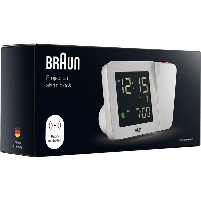 Проекційний радіо-годинник Braun BC15W-DCF з негативним LCD-дисплеєм, DCF, швидке налаштування та звуковий будильник, білий