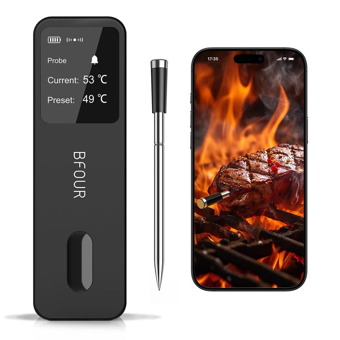 Бездротовий термометр для м'яса BFOUR з Bluetooth, водонепроникний IP67, з додатком, великий дисплей, для грилю, духовки, рожна