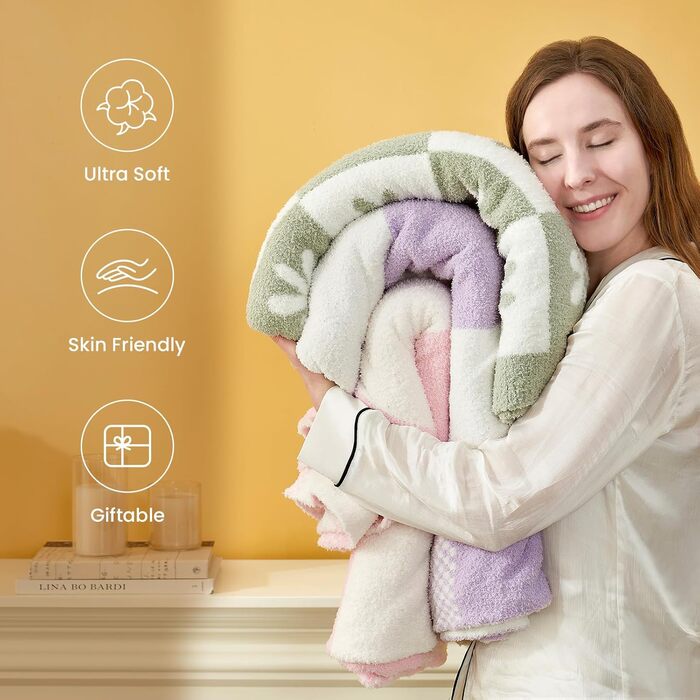 Плед Snuggle Sac клітчастий, салатовий із квітковим візерунком, мікрофібра, флісовий, теплий, двосторонній, для дивану, стільця, ліжка, 127 см