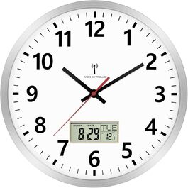 Настінний годинник Foxtop, радіокерований, аналоговий, 30 см, з LCD-дисплеєм температури і дати, сріблястий, для кухні та вітальні