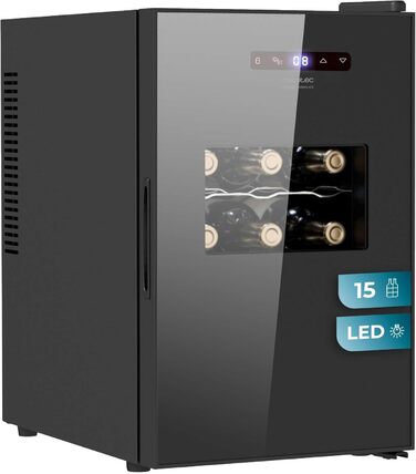 Винний шафа Cecotec Bolero GrandSommelier 830 CoolWood, термоелектрична, тиха, для 15 пляшок, регульована температура 8-18°C, сенсорне керування, енергоощадна, чорна