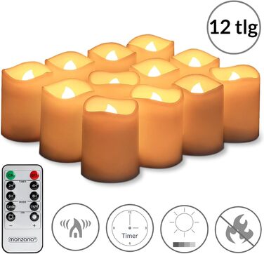 Свічки Monzana XL LED з таймером 2-8 годин, мерехтливим полум’ям, дистанційним керуванням, на батарейках, тепле біле світло, набір чайних свічок 4,5 см, з натурального воску, димовані, електричні