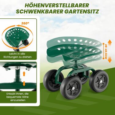 Стілець на колесах COSTWAY для саду, металевий, 360° обертання, регулювання висоти, до 150 кг, широкі колеса, для садових робіт і авто, зелений