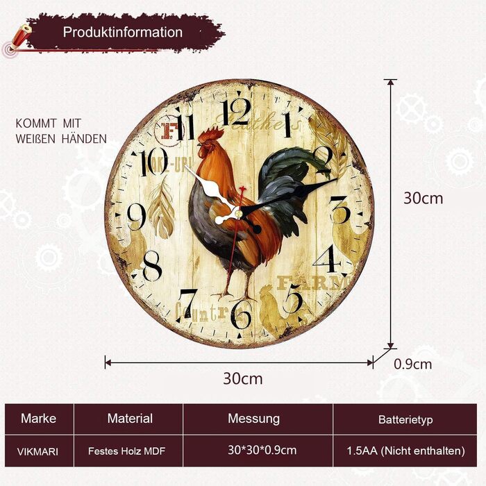Настінний годинник VIKMARI Rustic Rooster 12 дюймів, безшумний кварцовий, круглий для кухні, батарейковий