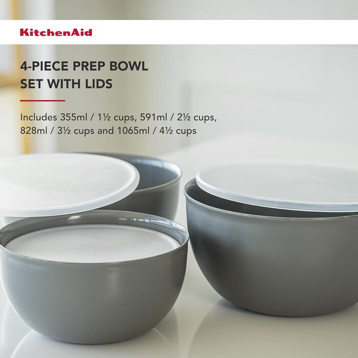 Набір кухонних мисок KitchenAid, 3 шт, вугільно-сірі, зручно складаються одна в одну, для приготування їжі