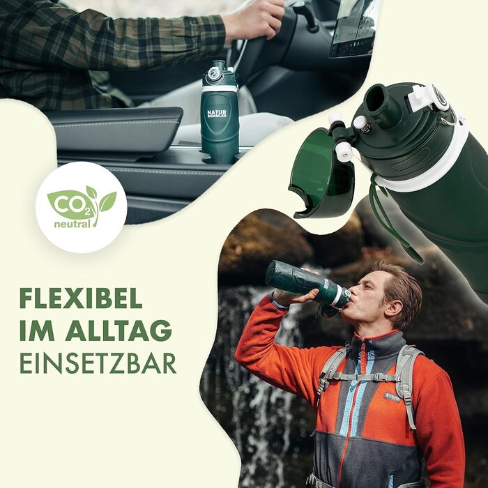 Пляшка-фільтр для води Naturbummler 750 мл, складна, з гачком, нейтральна до CO2, знищує 99,99% бактерій – для кемпінгу, виживання