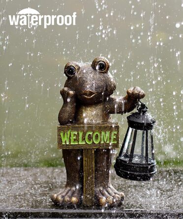 Goodeco Сонячна садова фігура жаби з табличкою Welcome, мідна, декор для тераси, балкона, двору та газону, оригінальний подарунок на новосілля для бабусі, дідуся або садівниці