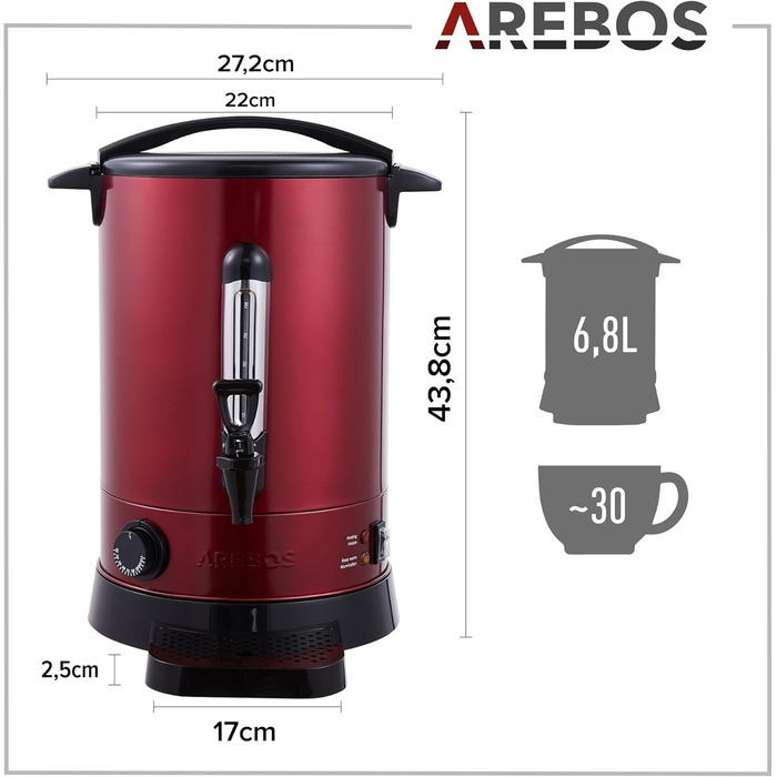 Електричний диспенсер для гарячих напоїв Arebos 6,8 л, 950 Вт, з піддоном, краном, термостатом, захистом від перегріву, регулювання температури 30-110°C, червоний