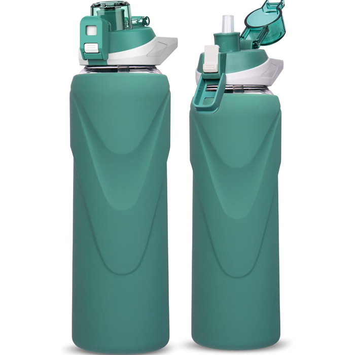 Скляна пляшка для води 1 л з трубочкою, BPA free, боросилікат, силіконова обгортка, темно-зелена