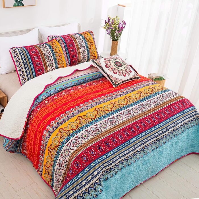 Покривало WONGS BEDDING Boho 220x240 см, мікрофібра, 3 предмети: стьобане покривало на двоспальне ліжко та 2 наволочки 50x70 см, для спальні або дивана (Богемний стиль)