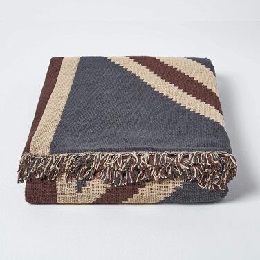 Плед Homescapes жакардовий Union Jack 150x200 см, бавовняний плед у вінтажному стилі, синьо-коричнево-кремовий, з китицями, британський дизайн, покривало на диван з бавовни