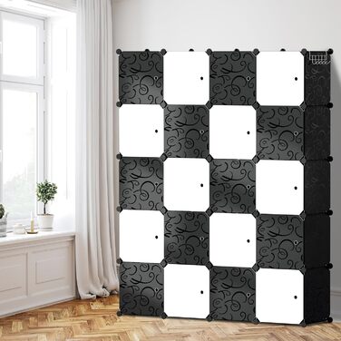 Модульна шафа-гардероб з пластику DIY, 16 кубів, чорна, з дверцятами, 180x142x37 см, для одягу, відкрита, чорний і білий, 20 кубів