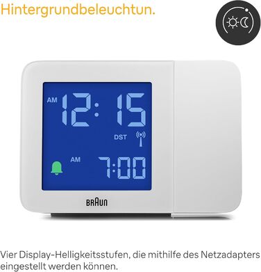 Проекційний радіо-годинник Braun BC15W-DCF з негативним LCD-дисплеєм, DCF, швидке налаштування та звуковий будильник, білий
