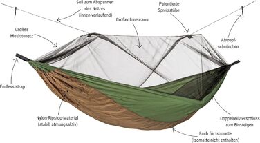 Ультралегка туристична гамак AMAZONAS Adventure Moskito Thermo 470г з москітною сіткою, кишенею для килимка, просоченням від комах, 275x140 см, до 150 кг, зелено-коричневий