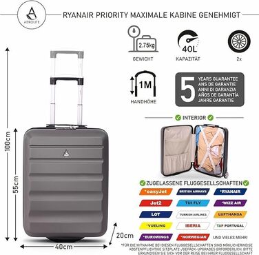Легкий жорсткий чемодан Aerolite 55x40x20 см для ручної поклажі, сірий, 2 колеса, підходить для Lufthansa, Ryanair, Eurowings, TUI, SunExpress, Condor, кабінний тролейбус