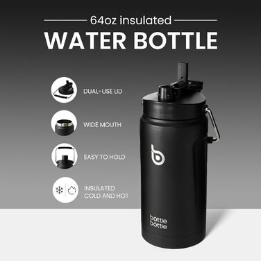 Ізольована пляшка для води BOTTLE BOTTLE 1,8 л з трубочкою, подвійною кришкою та ручкою, термос із нержавіючої сталі для спорту, фітнесу та напоїв, чорна