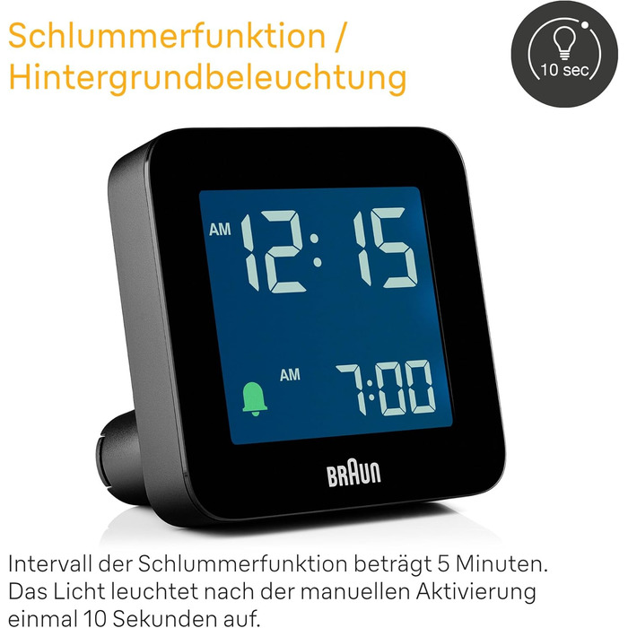 Цифровий будильник Braun BC09B з функцією сну, негативним LCD-дисплеєм, швидким налаштуванням і наростаючим сигналом, чорний