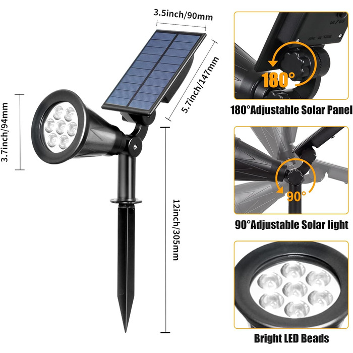 Світлодіодний садовий прожектор T-SUN на сонячних батареях, 2 шт., 4 LED, яскраве зовнішнє світло 6000K, 2 режими, для газону, доріжок, тераси, холодне біле
