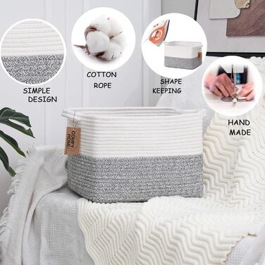 COMFY-HOMI кошик з бавовняного каната з ручками для іграшок, книг та полиць, органайзер для зберігання 34,3×27,9×24,1 см, біло-сірий