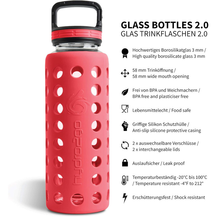 Скляна пляшка для води з силіконовим чохлом Urban Red 950 мл, 100% герметична, BPA-free, з двома кришками, для спорту, фітнесу, офісу, йоги, посудомийна машина