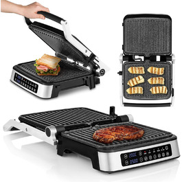Електричний контактний гриль і сендвіч-тостер Grill Chef 2100Вт, знімні пластини, 2в1, розкладний на 180°, антипригарне покриття, піддон для жиру, звуковий сигнал, сріблястий