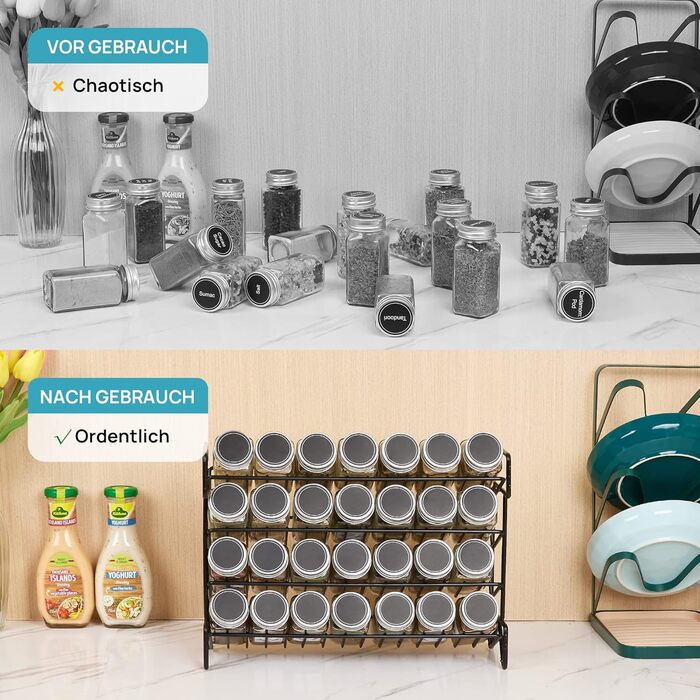 Vtopmart 4-ярусна полиця для спецій з 28 банками та 432 етикетками, органайзер для кухні, шафи, комори, стільниці