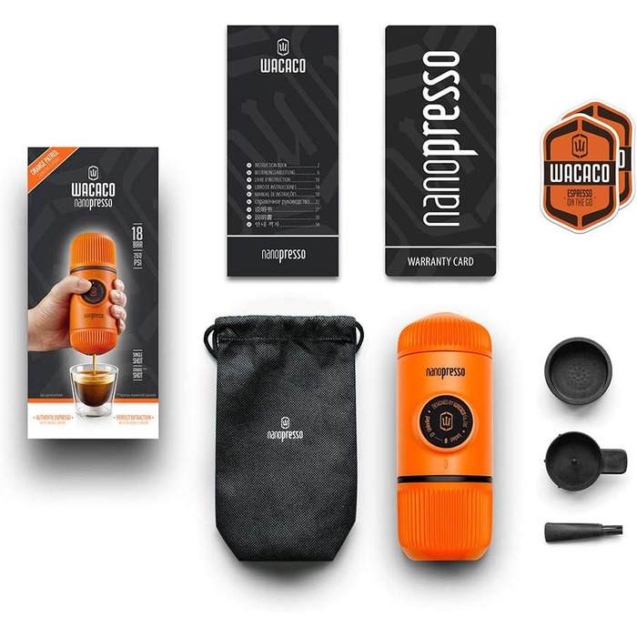 Портативна кавоварка WACACO Nanopresso, 18 Бар, ручна, для подорожей, кемпінгу та походів, оновлена версія Minipresso, помаранчева, без чохла