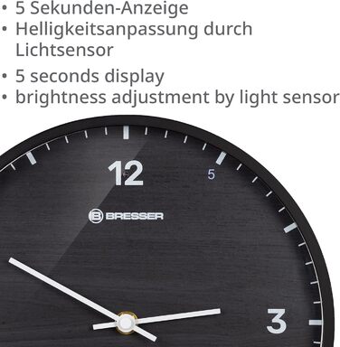 Настінний годинник Bresser MyTime, радіокерований, безшумний, LED-секундна індикація, 24 см, вимірювання температури, чорний
