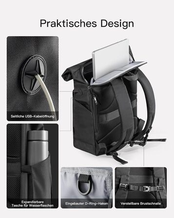 Рюкзак Inateck RollTop 25-30 л для чоловіків і жінок, з окремим відділенням для взуття, для ноутбука 17