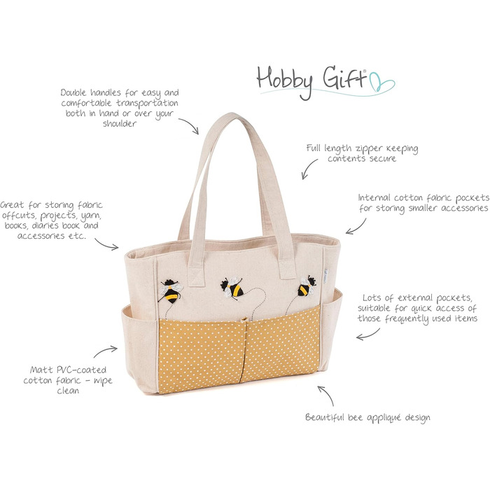 Сумка для рукоділля Hobby Gift, бавовна, з бджолиним принтом, 13x36x31 см