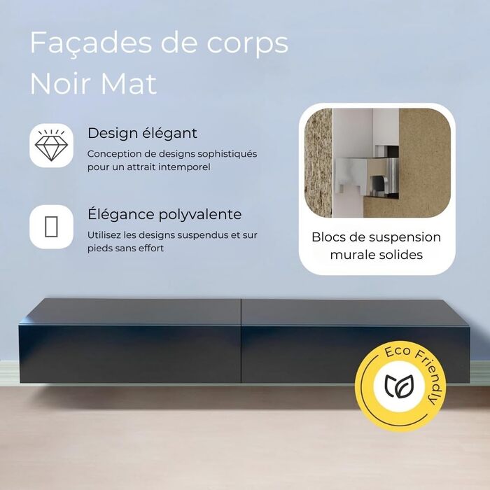 Підвісна TV тумба 4housedesign чорна матова, 300 см, для телевізорів до 55 дюймів, меблі для вітальні