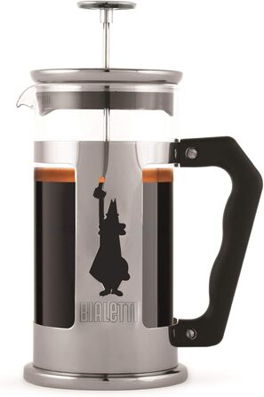 Френч-прес Bialetti Preziosa, 600 мл, нержавіюча сталь і боросилікатне скло, для кави та чаю, сріблястий, 1 л, 8 чашок, можна мити в посудомийній машині