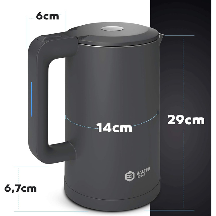 Електрочайник Balter WK-4 1,7 л, нержавіюча сталь, подвійні стінки, BPA Free, LED підсвітка, тихий, для чаю, компактний (чорний/сірий)