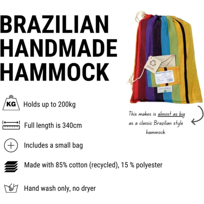Гамак AMAZONAS XL Barbados Rainbow, ручна робота, Бразилія, до 200 кг, 230x150 см, для 1-2 осіб, різнокольоровий, довжина 340 см