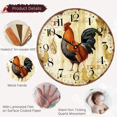 Стіна годинник VIKMARI Rustic Rooster 14 дюймів — безшумний кварцовий, на батарейці, для кухні, круглий, преміум-якість