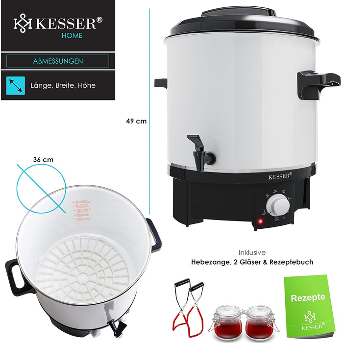 Автомат для консервування KESSER 27 л, нерж. сталь, 1800 Вт, 30-100°C, з функцією постійної роботи та автоотключення, для напоїв і глінтвейну, із щипцями та 2 банками