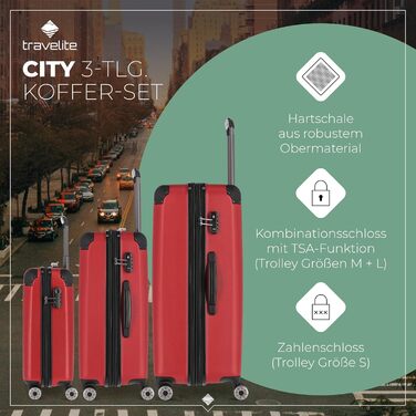 Дорожній валізний чемодан Travelite City 55 см, 40-45 л, жорсткий корпус, 4 колеса, для ручної поклажі, з розширенням і функцією насадки, червоний, захист від подряпин